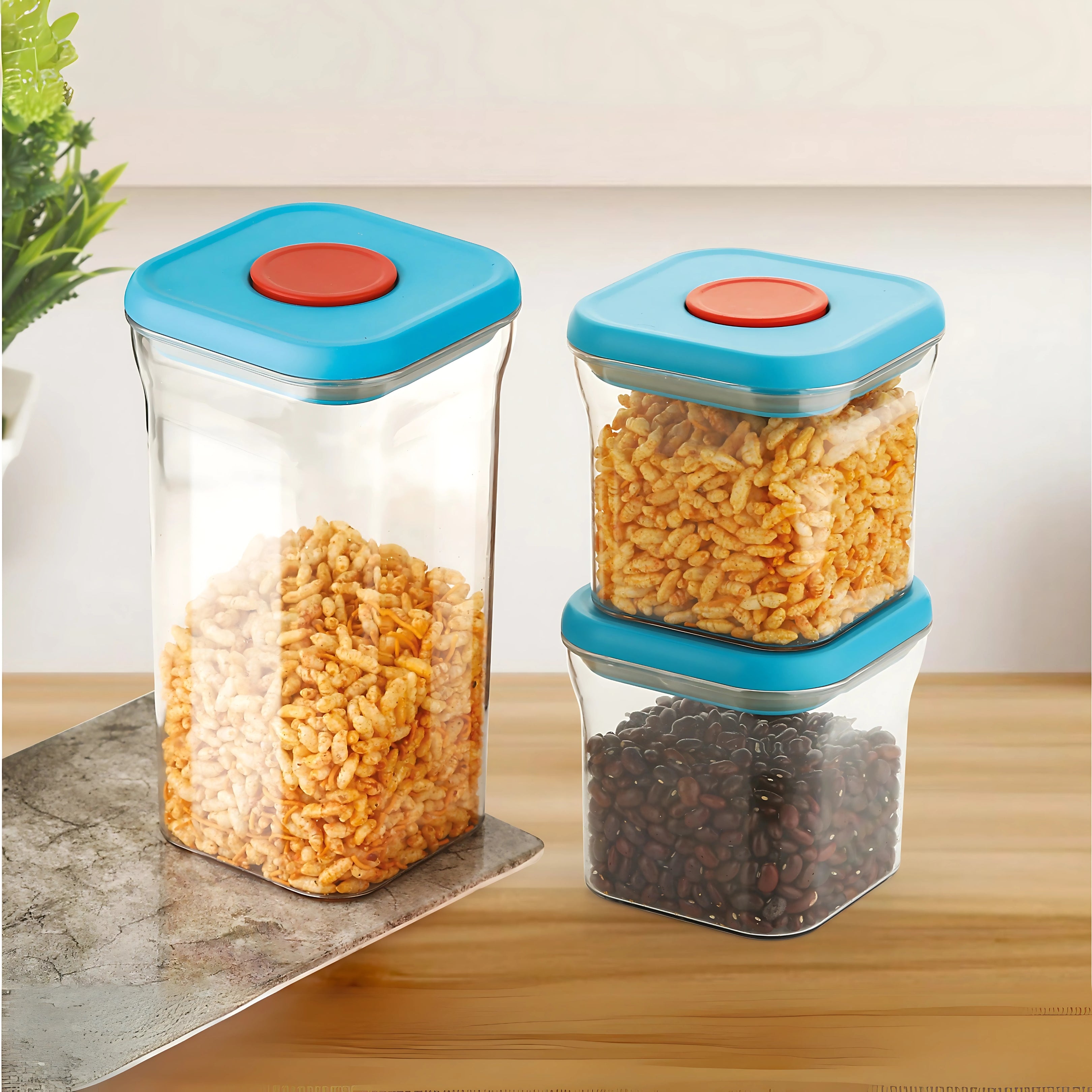 Nita Hexagonal clear plastic containers with airtight push-lock lids, storing chocolate wafers, cornflakes and more in pack of  3 (600,300, 1100)