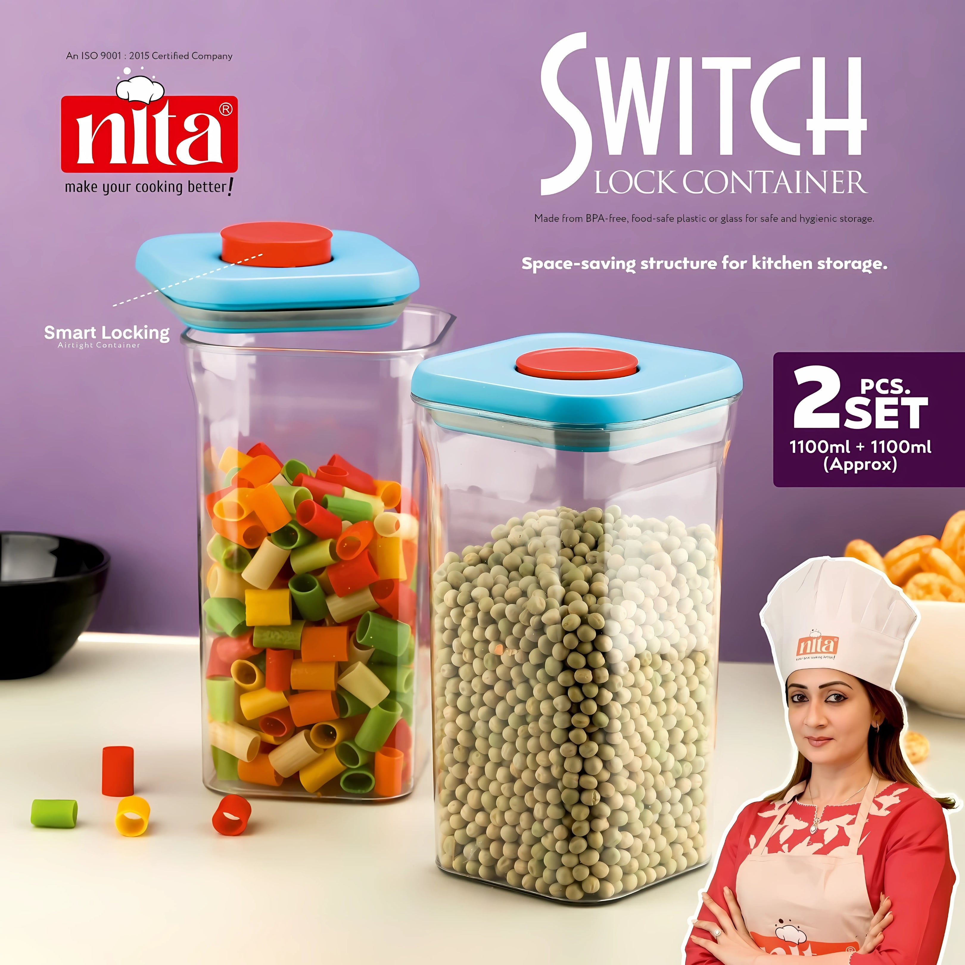 Nita Hexagonal clear plastic containers with airtight push-lock lids, storing chocolate wafers, cornflakes and more in pack of 2.
