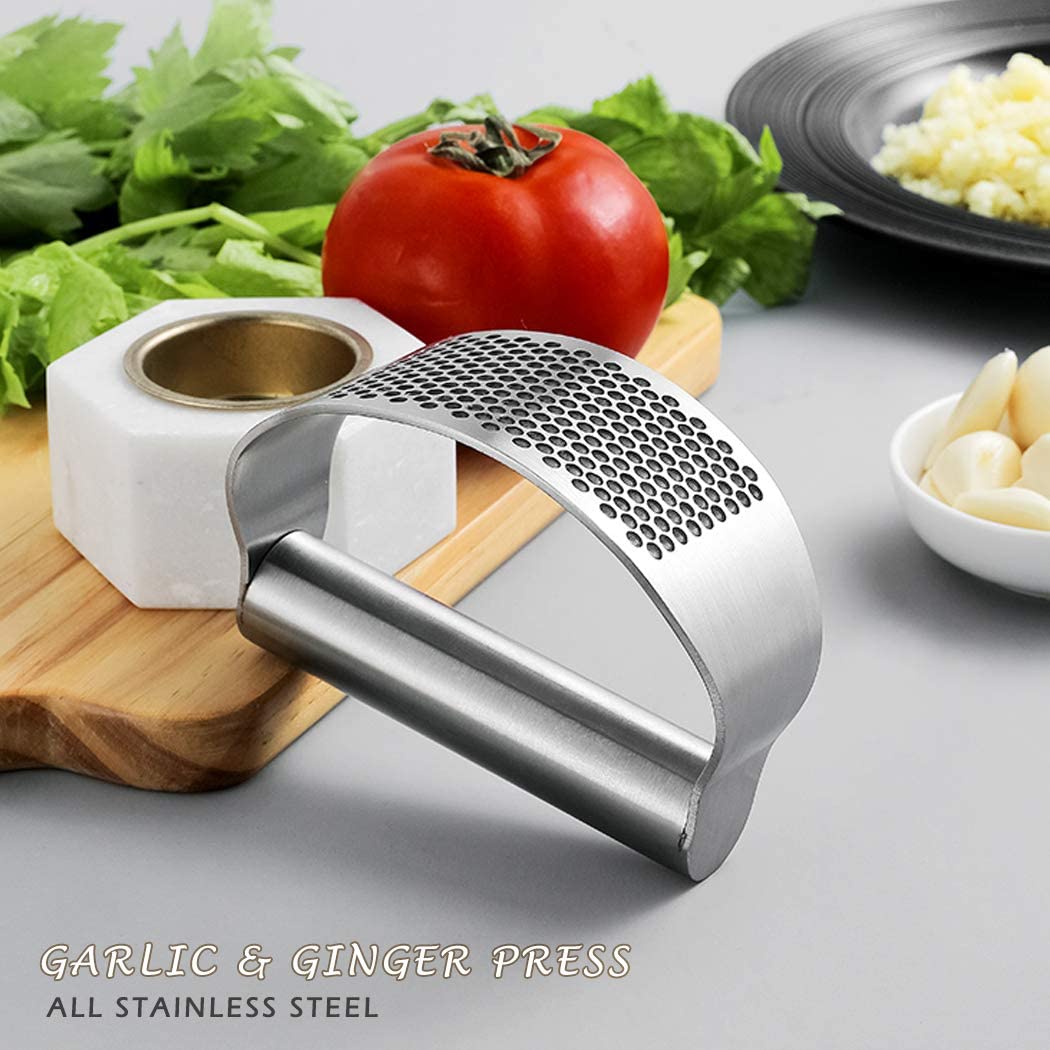 Premium Steel Garlic Press Rocker – Durable Stainless Steel Garlic Crusher, Garlic Mincer, Ginger Crusher & Peeler – Ergonomic Garlic Press with Handle for Effortless Kitchen Use