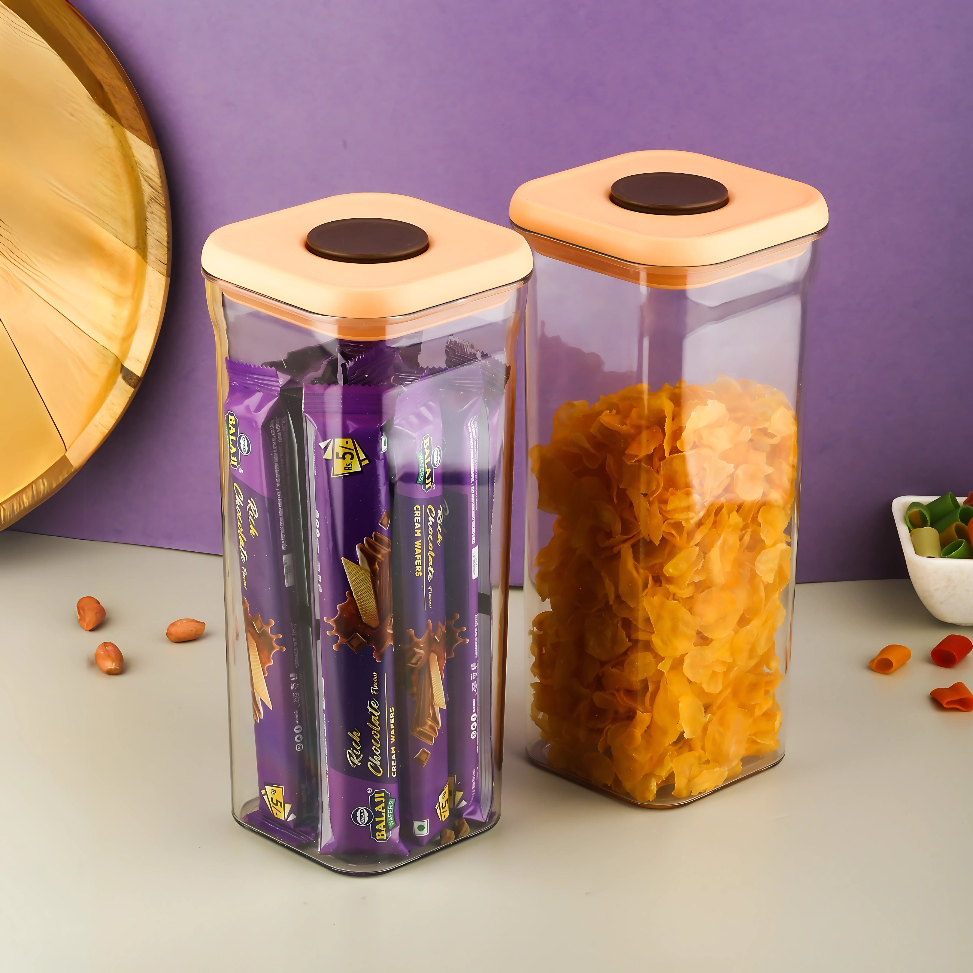 Nita Hexagonal clear plastic containers with airtight push-lock lids, storing chocolate wafers, cornflakes and more in pack of 2.