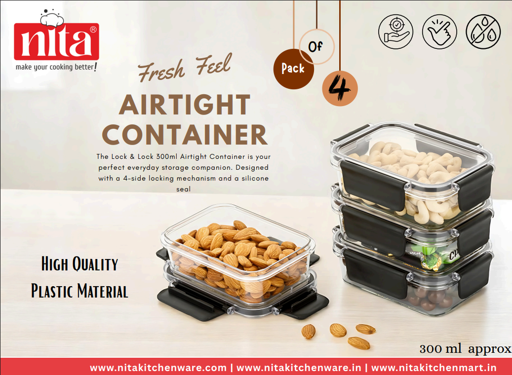 Nita Air Tight Plastic Containers for Storage – Big Container for Kitchen Storage | 4 x 300 ml Plastic Box for Storage & Fridge Use