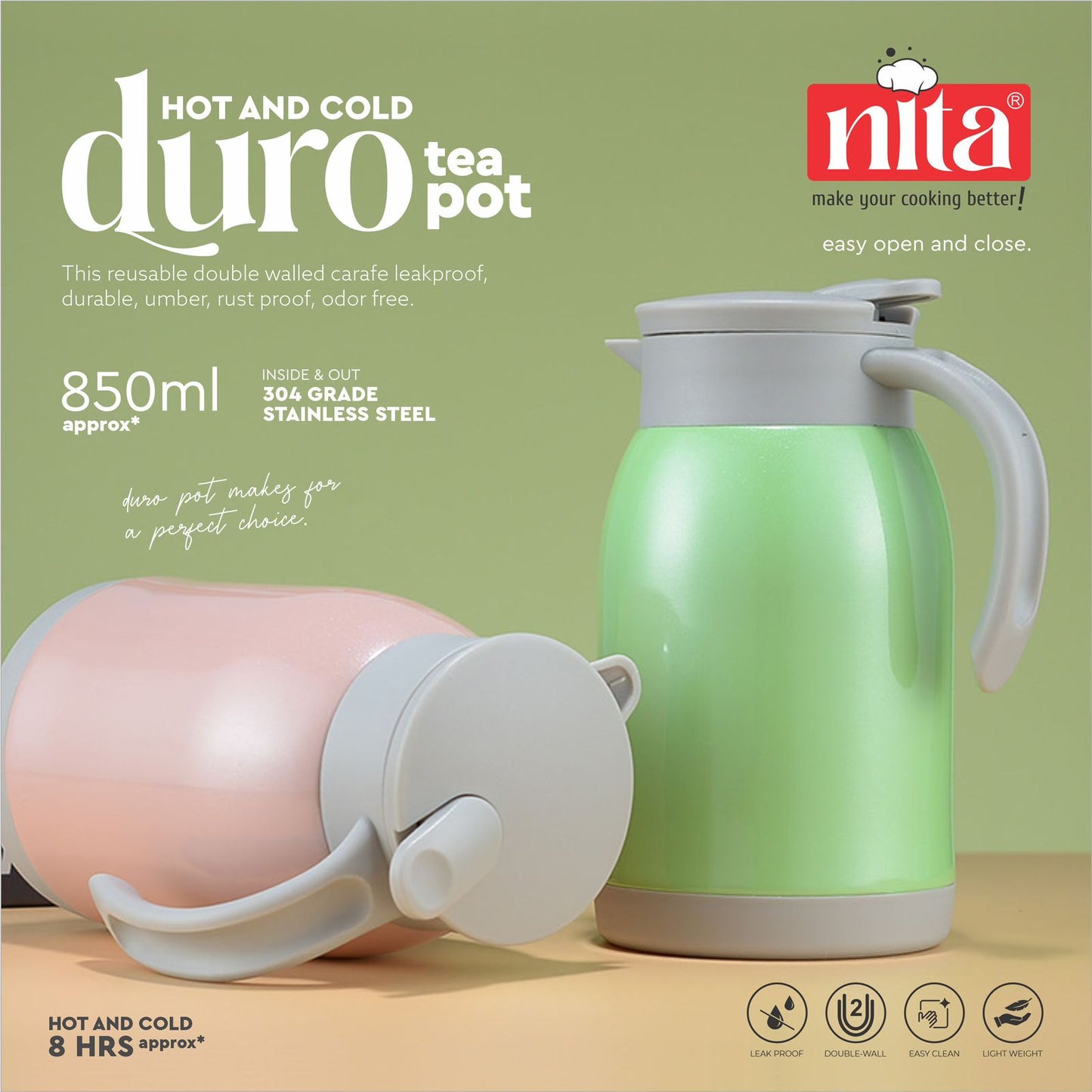 Duro Pot Double Walled Vacuum Insulated Teapot, 850ml