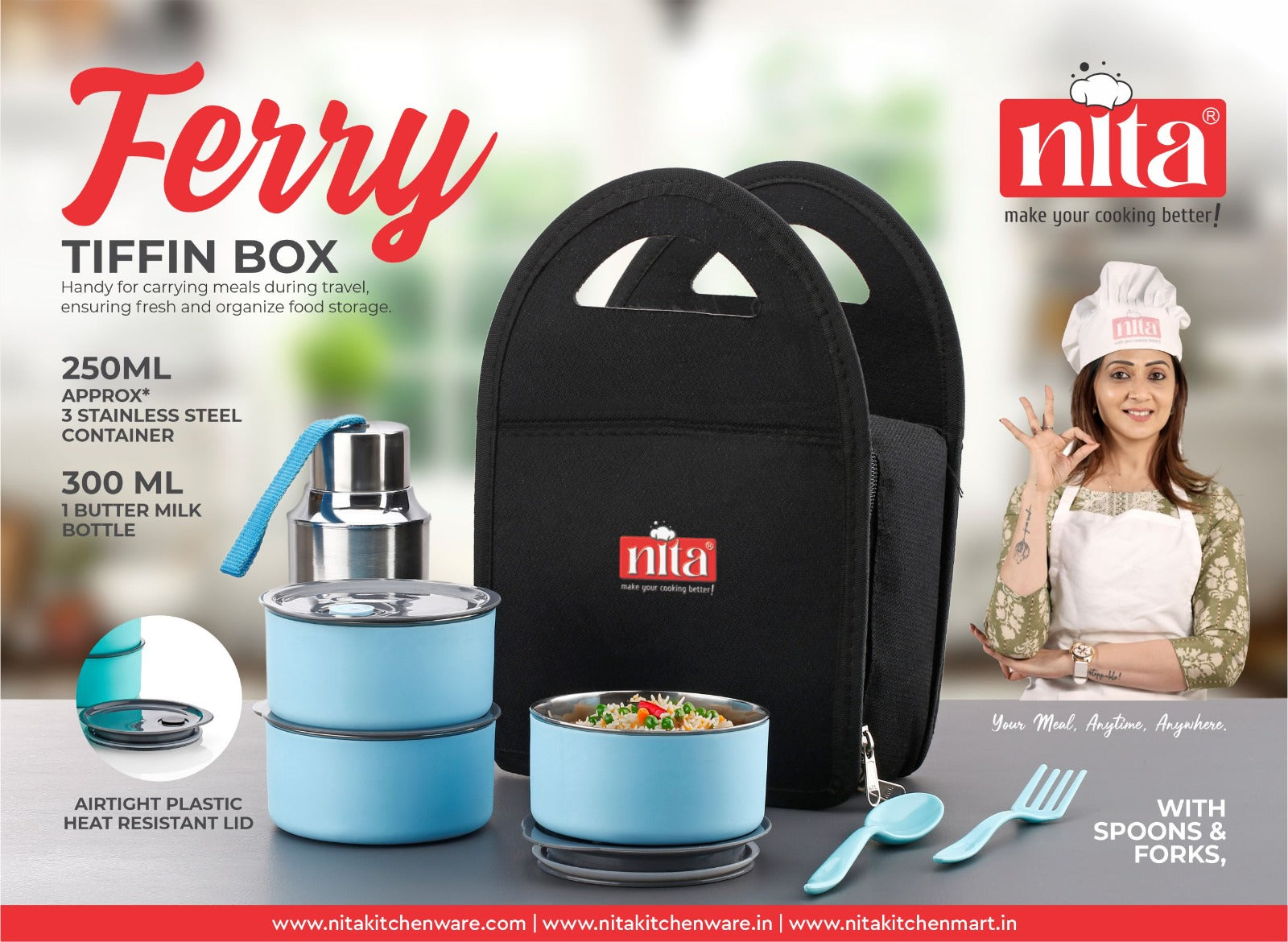 ferry 3 Vacuum Insulated Steel lunch Box with Insulated Sipper Bottle (3ISLBB)