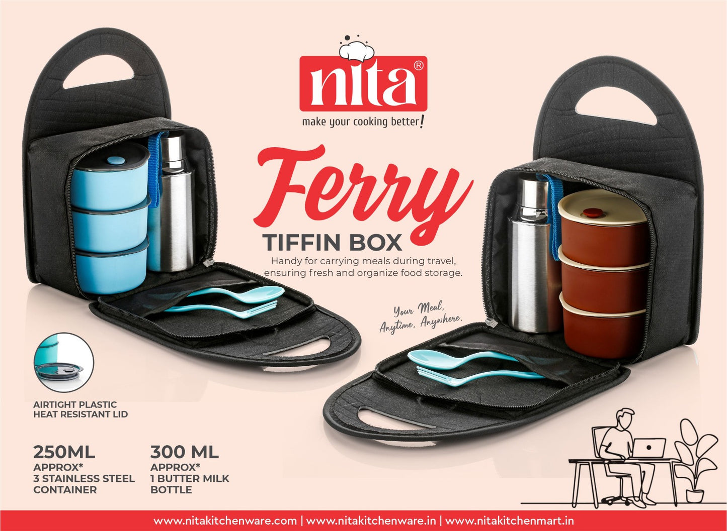 ferry 3 Vacuum Insulated Steel lunch Box with Insulated Sipper Bottle